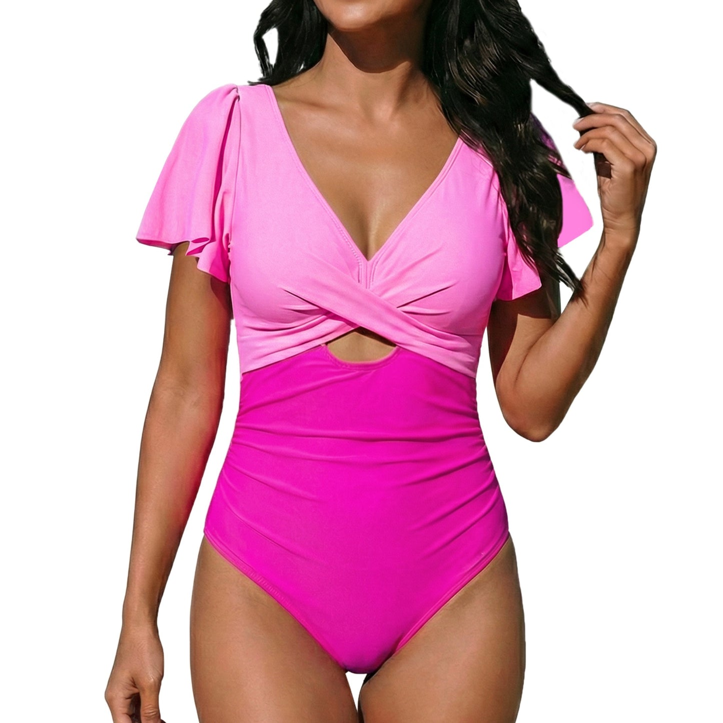 AICARE Women's One Piece Swimsuit Tummy Control High Waisted Bathing Suit with Ruffled Sleeves V-Neck Ruched Cutout Back Buckle