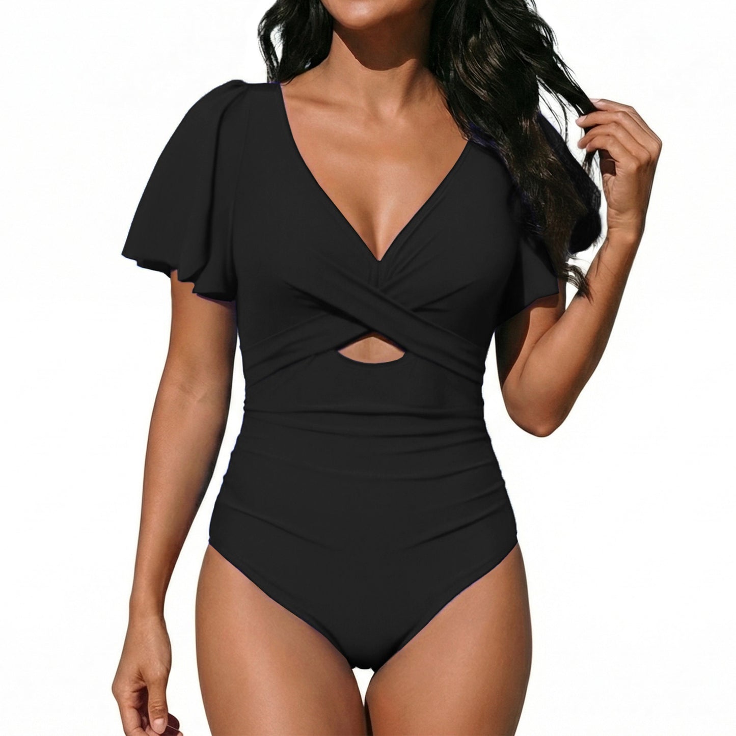 AICARE Women's One Piece Swimsuit Tummy Control High Waisted Bathing Suit with Ruffled Sleeves V-Neck Ruched Cutout Back Buckle