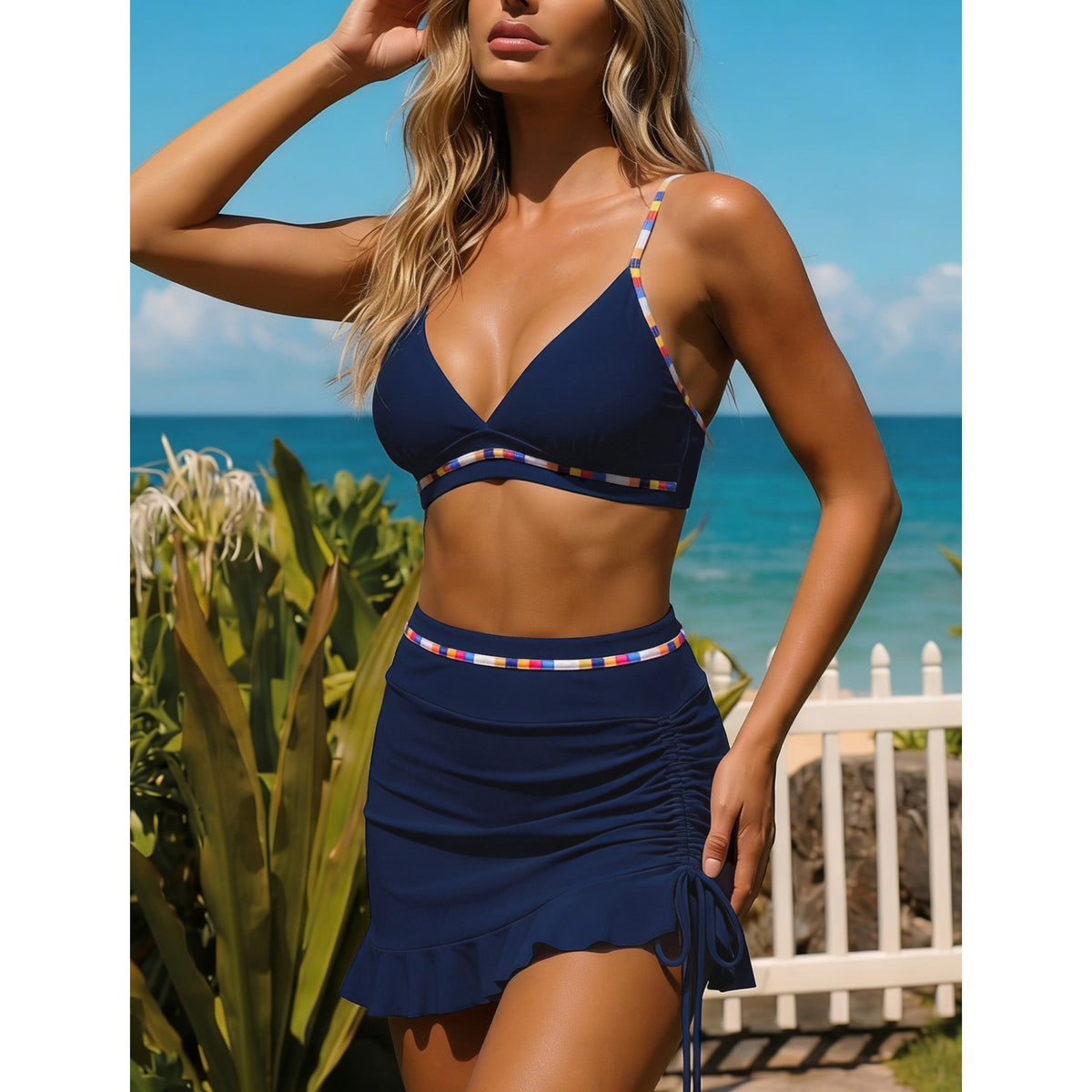 AICARE Women's Bikini Swimsuit Set Sexy V Neck Swimwear High Waist Color Block Two Piece Drawstring Bathing Suits
