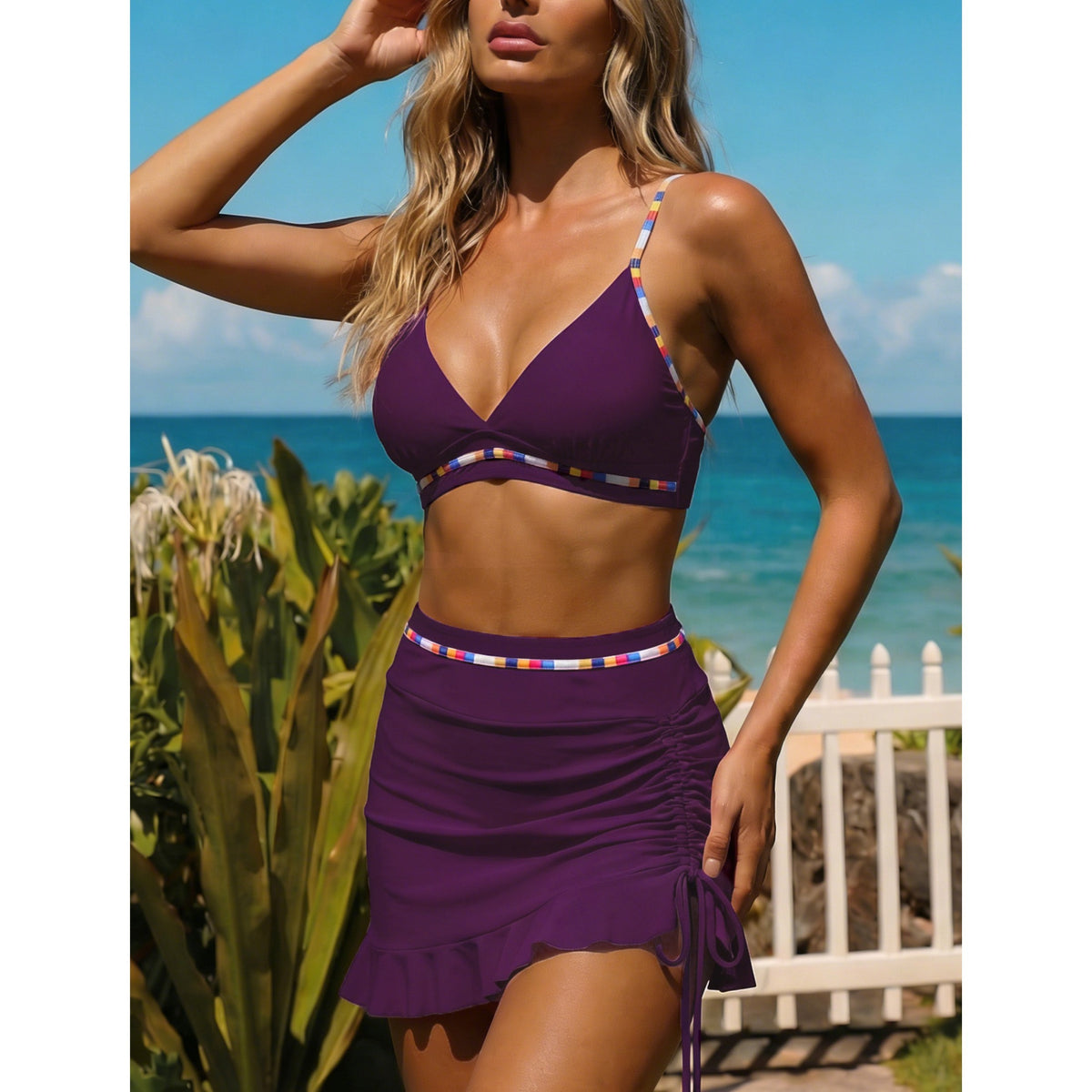AICARE Women's Bikini Swimsuit Set Sexy V Neck Swimwear High Waist Color Block Two Piece Drawstring Bathing Suits