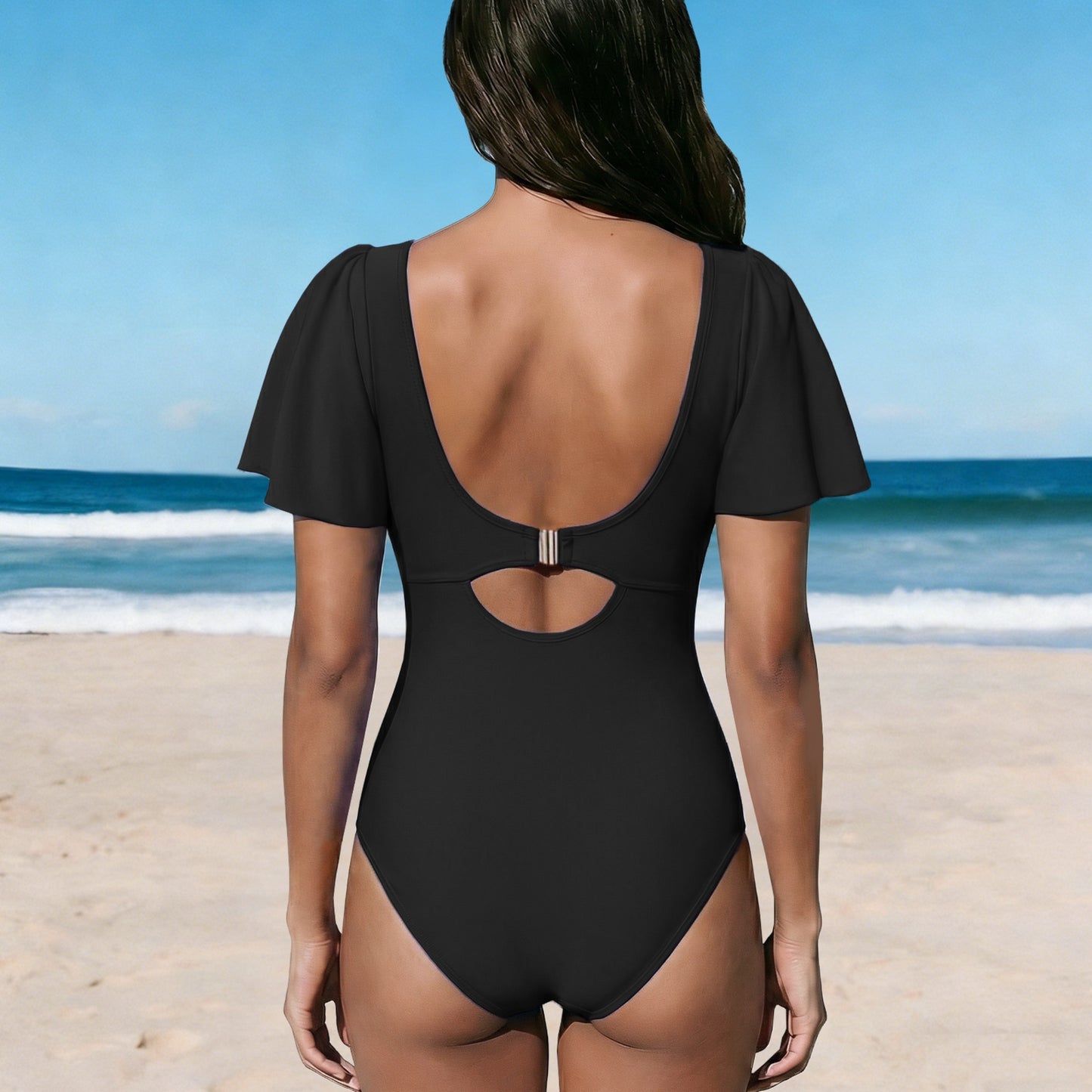 AICARE Women's One Piece Swimsuit Tummy Control High Waisted Bathing Suit with Ruffled Sleeves V-Neck Ruched Cutout Back Buckle