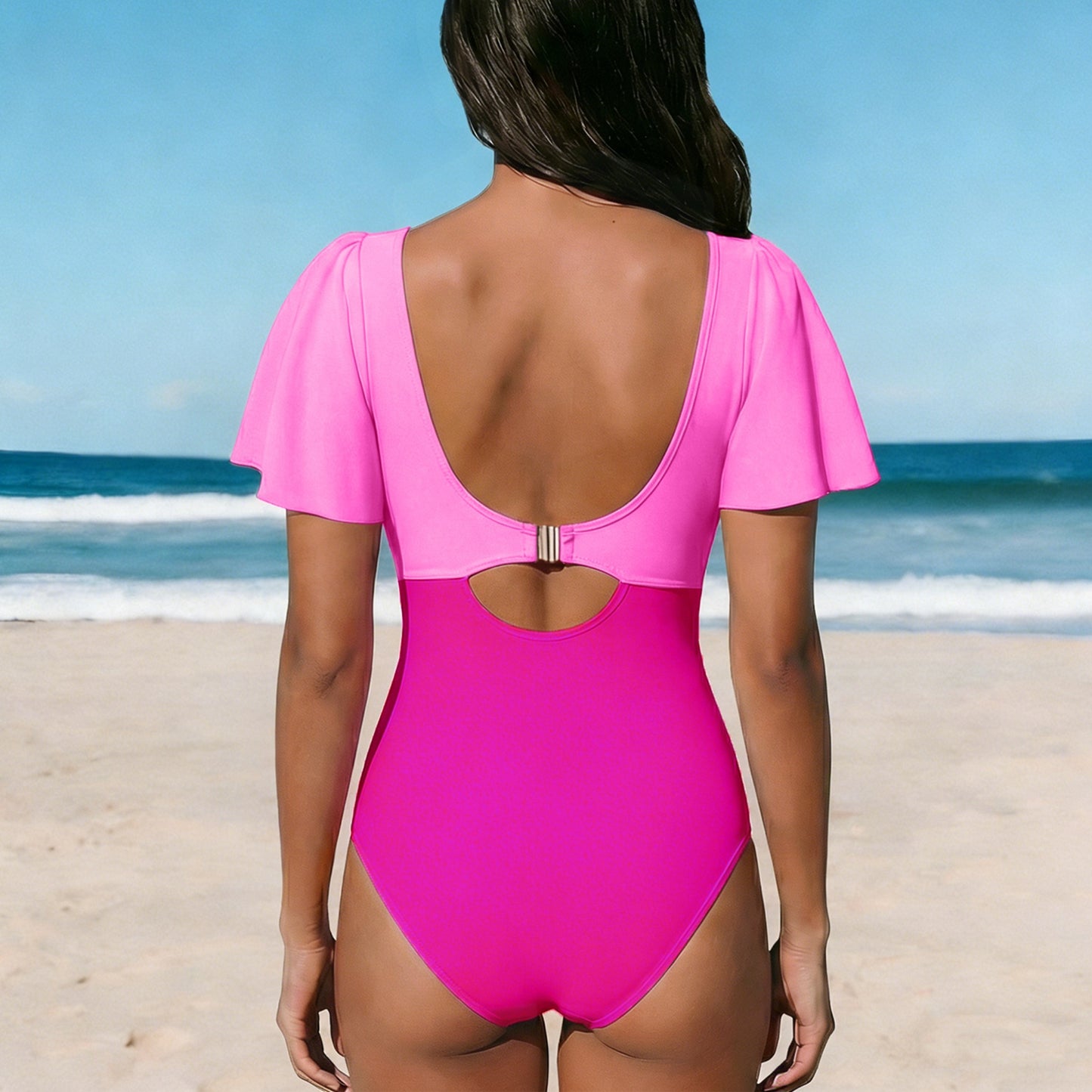 AICARE Women's One Piece Swimsuit Tummy Control High Waisted Bathing Suit with Ruffled Sleeves V-Neck Ruched Cutout Back Buckle