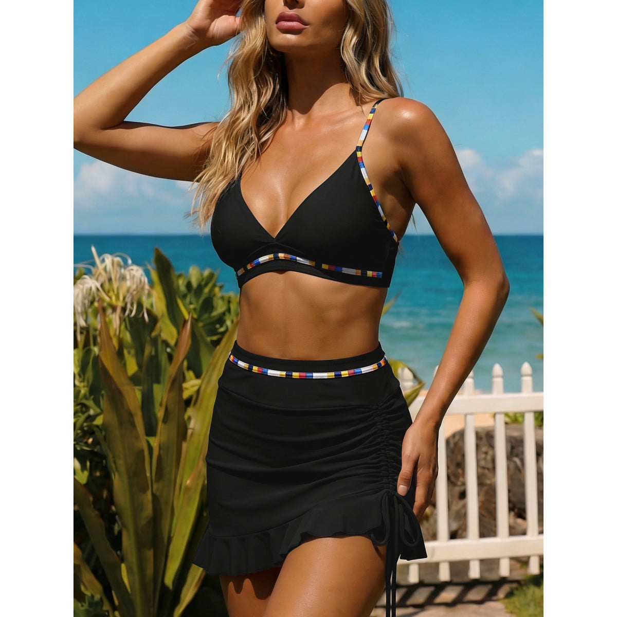 AICARE Women's Bikini Swimsuit Set Sexy V Neck Swimwear High Waist Color Block Two Piece Drawstring Bathing Suits