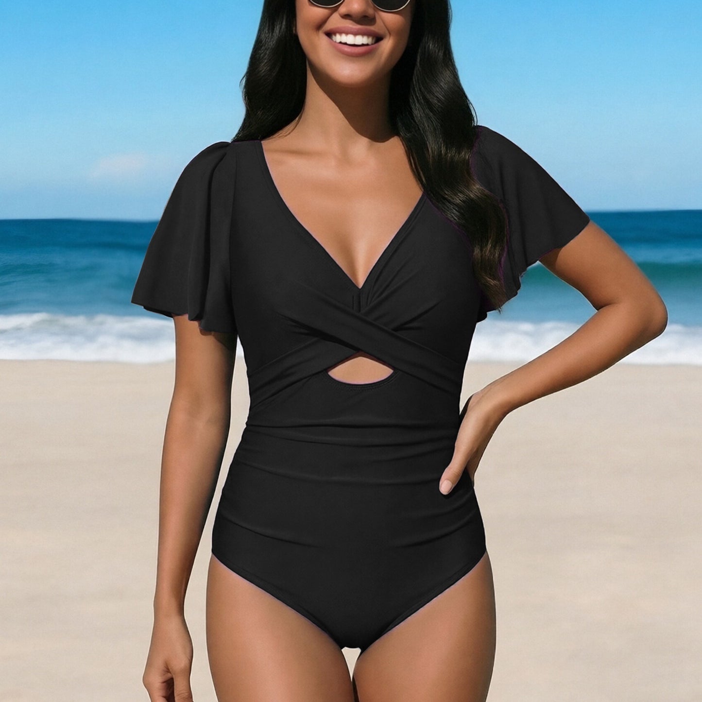 AICARE Women's One Piece Swimsuit Tummy Control High Waisted Bathing Suit with Ruffled Sleeves V-Neck Ruched Cutout Back Buckle