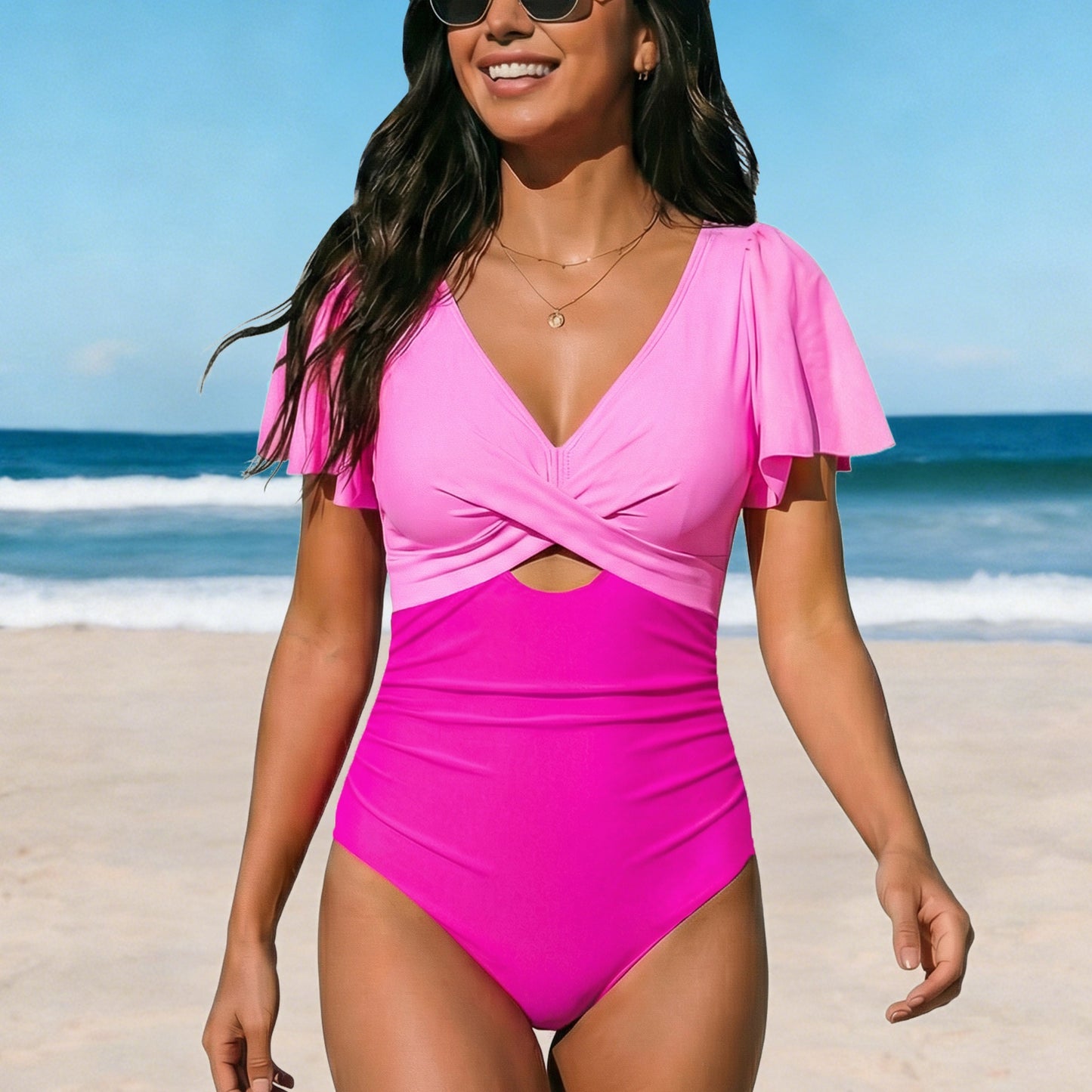 AICARE Women's One Piece Swimsuit Tummy Control High Waisted Bathing Suit with Ruffled Sleeves V-Neck Ruched Cutout Back Buckle