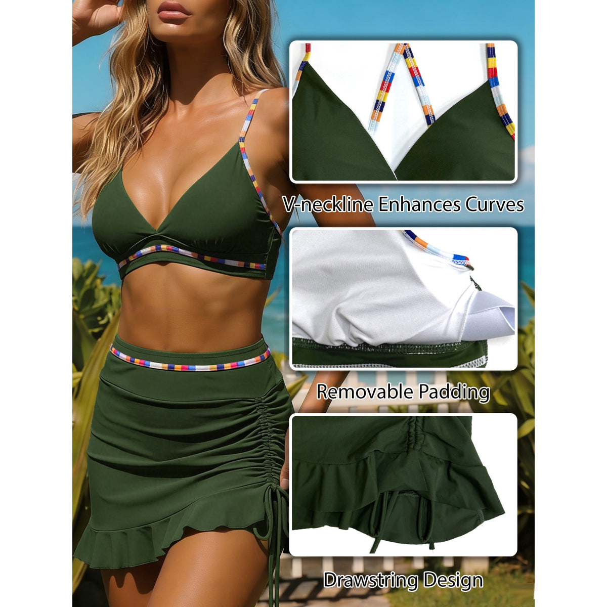 AICARE Women's Bikini Swimsuit Set Sexy V Neck Swimwear High Waist Color Block Two Piece Drawstring Bathing Suits