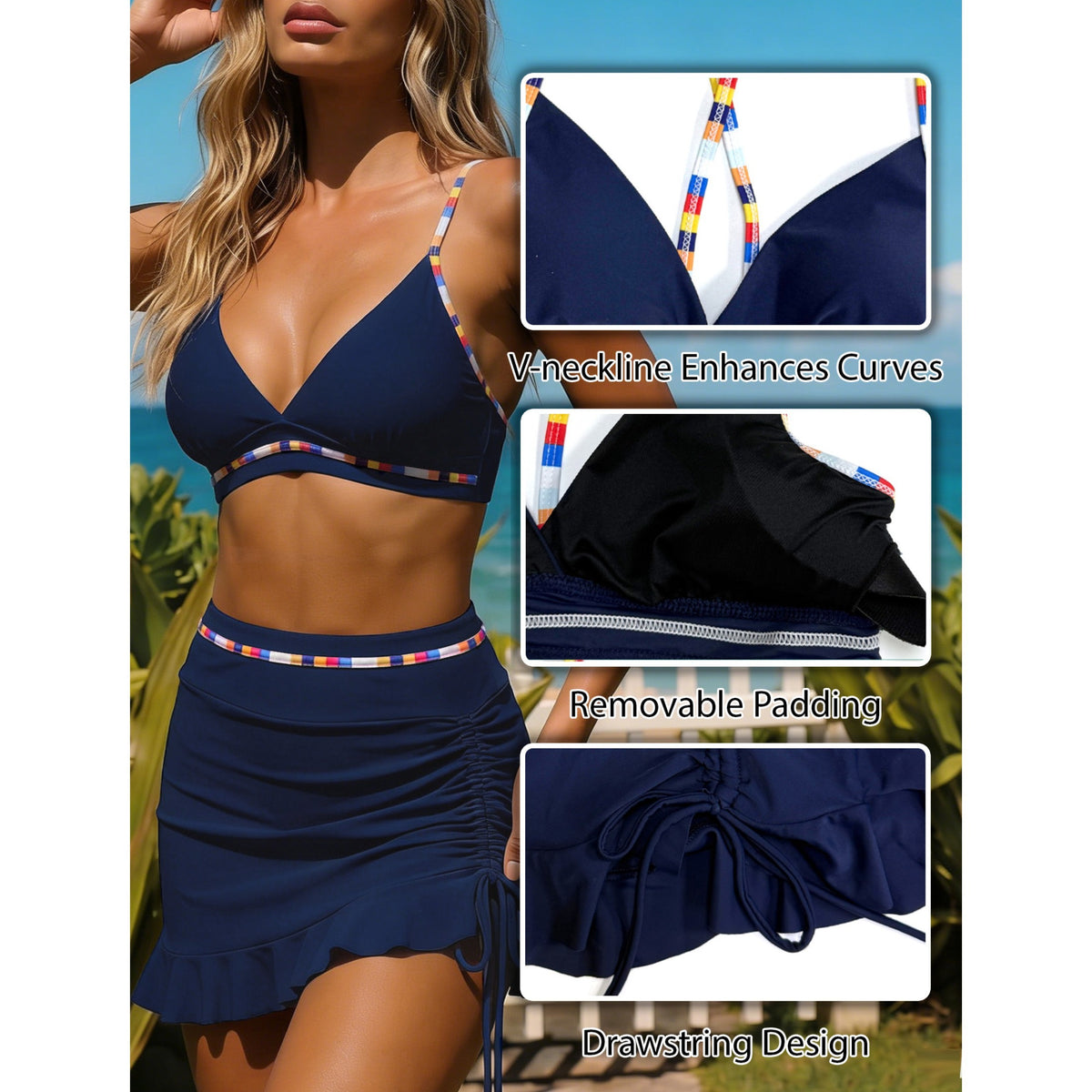 AICARE Women's Bikini Swimsuit Set Sexy V Neck Swimwear High Waist Color Block Two Piece Drawstring Bathing Suits