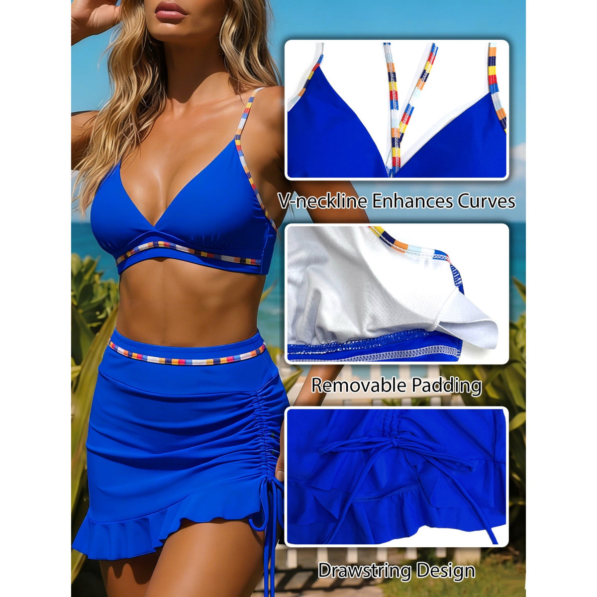 AICARE Women's Bikini Swimsuit Set Sexy V Neck Swimwear High Waist Color Block Two Piece Drawstring Bathing Suits