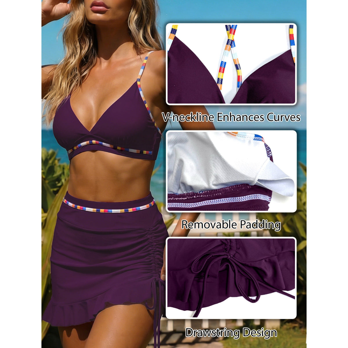AICARE Women's Bikini Swimsuit Set Sexy V Neck Swimwear High Waist Color Block Two Piece Drawstring Bathing Suits