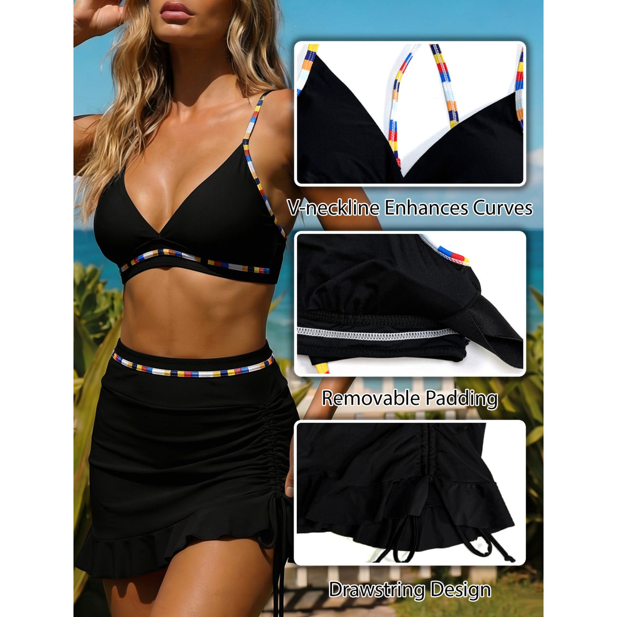 AICARE Women's Bikini Swimsuit Set Sexy V Neck Swimwear High Waist Color Block Two Piece Drawstring Bathing Suits