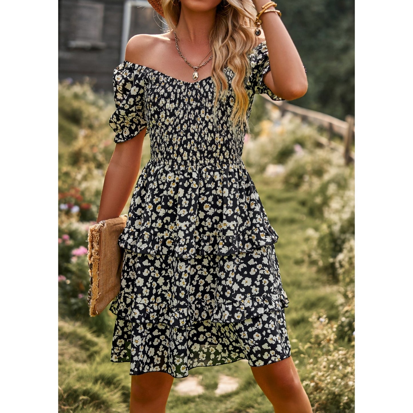 AICARE Summer Casual Dresses for Women Floral Pattern Ruffle Short Sleeve A Line Flowy Mini Dress