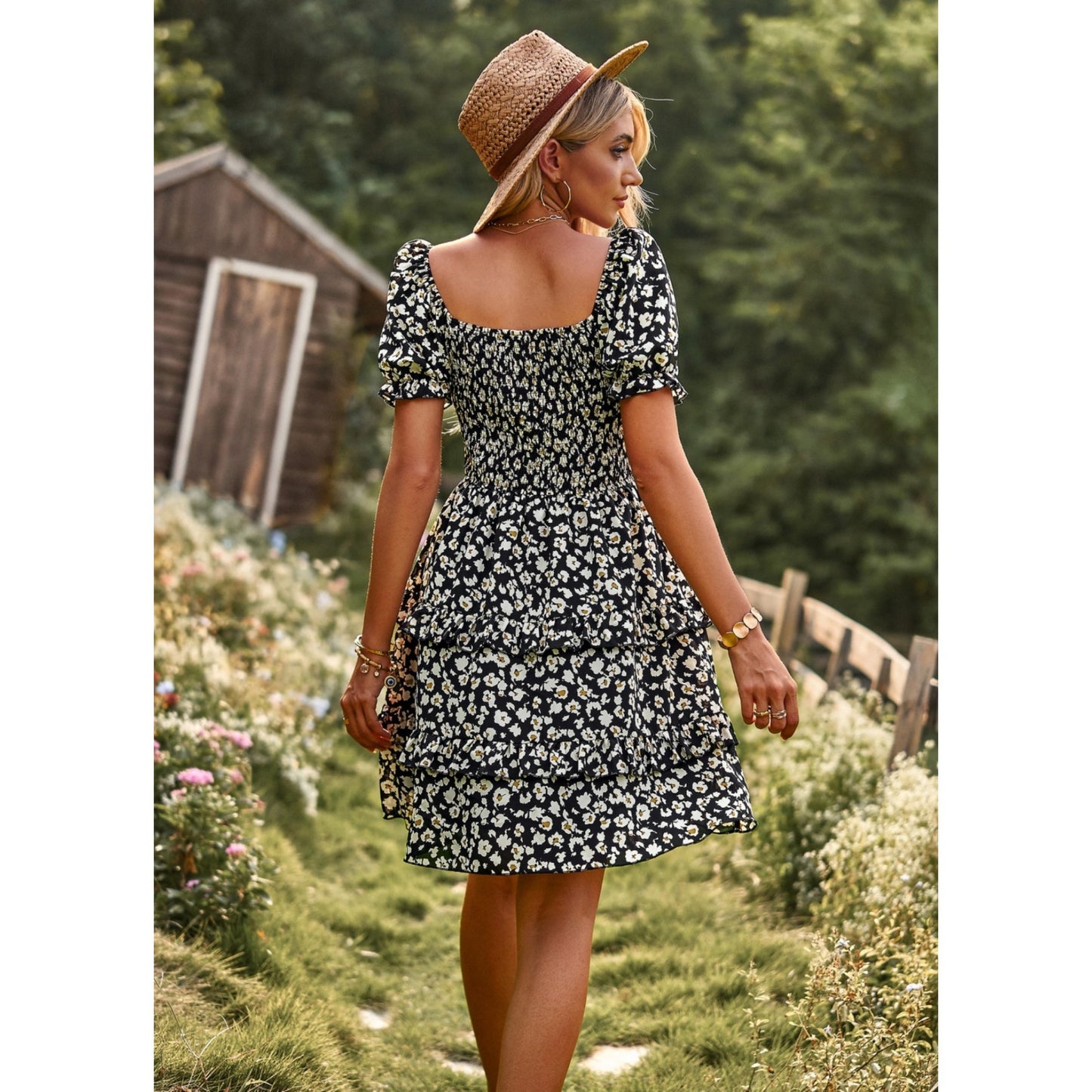 AICARE Summer Casual Dresses for Women Floral Pattern Ruffle Short Sleeve A Line Flowy Mini Dress
