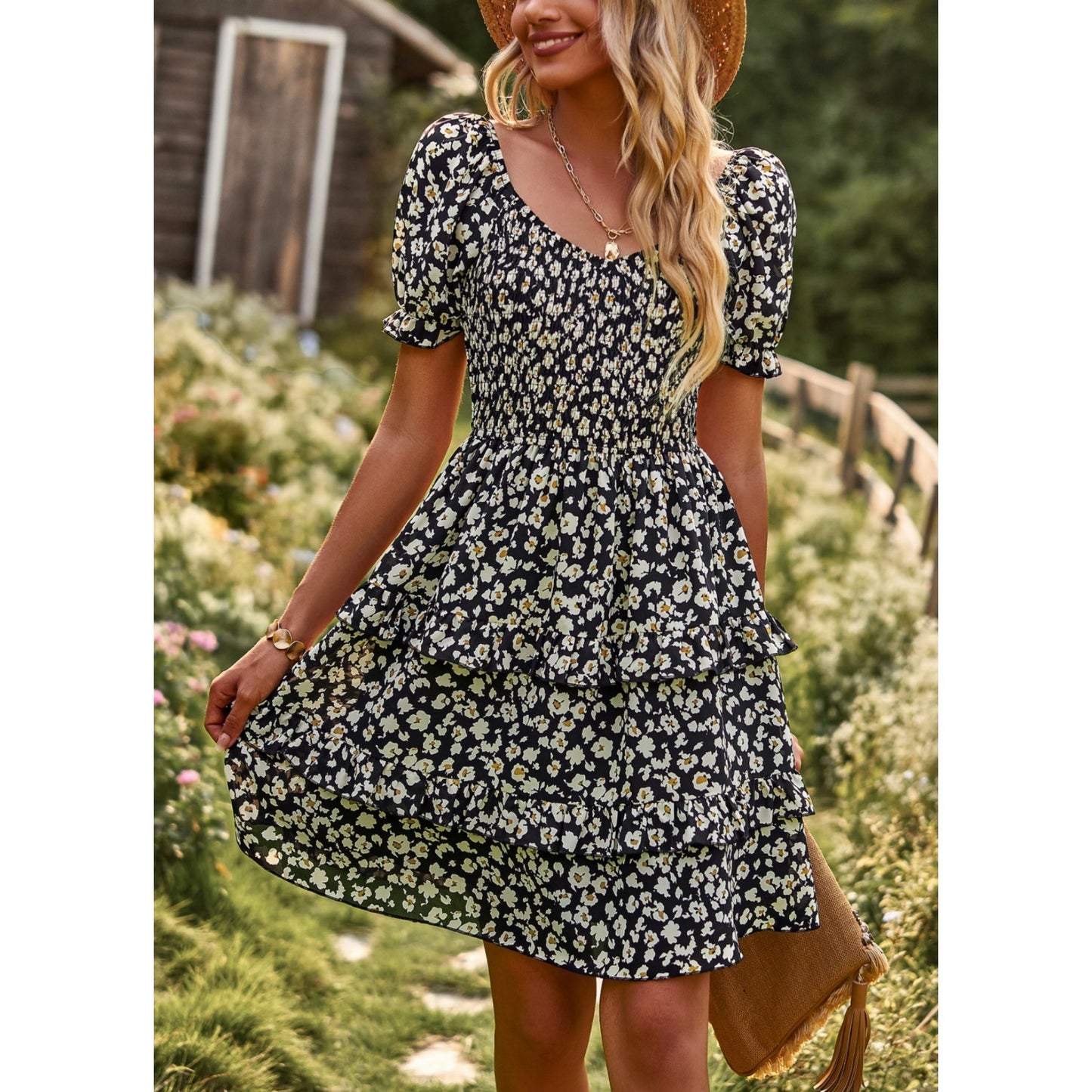 AICARE Summer Casual Dresses for Women Floral Pattern Ruffle Short Sleeve A Line Flowy Mini Dress