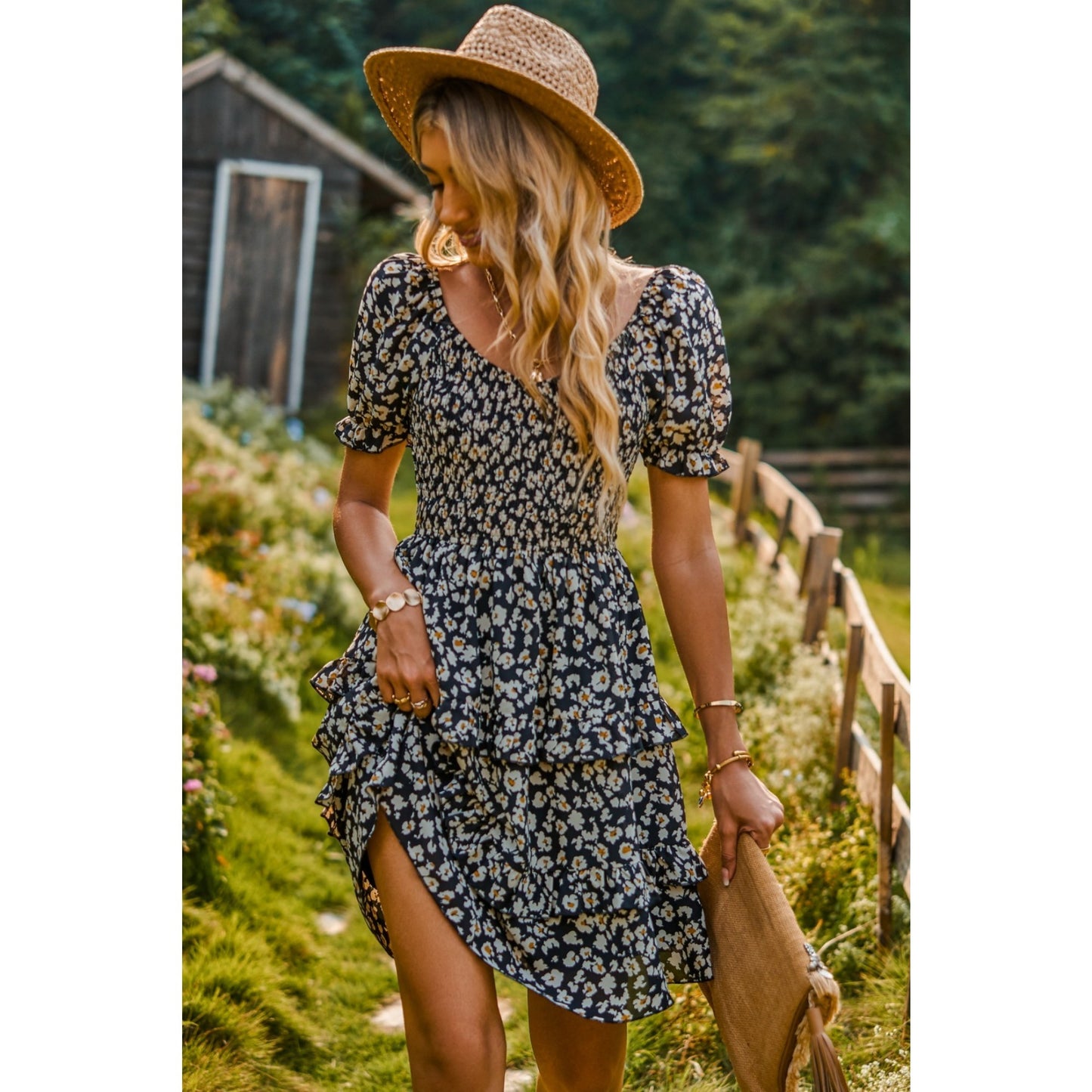 AICARE Summer Casual Dresses for Women Floral Pattern Ruffle Short Sleeve A Line Flowy Mini Dress