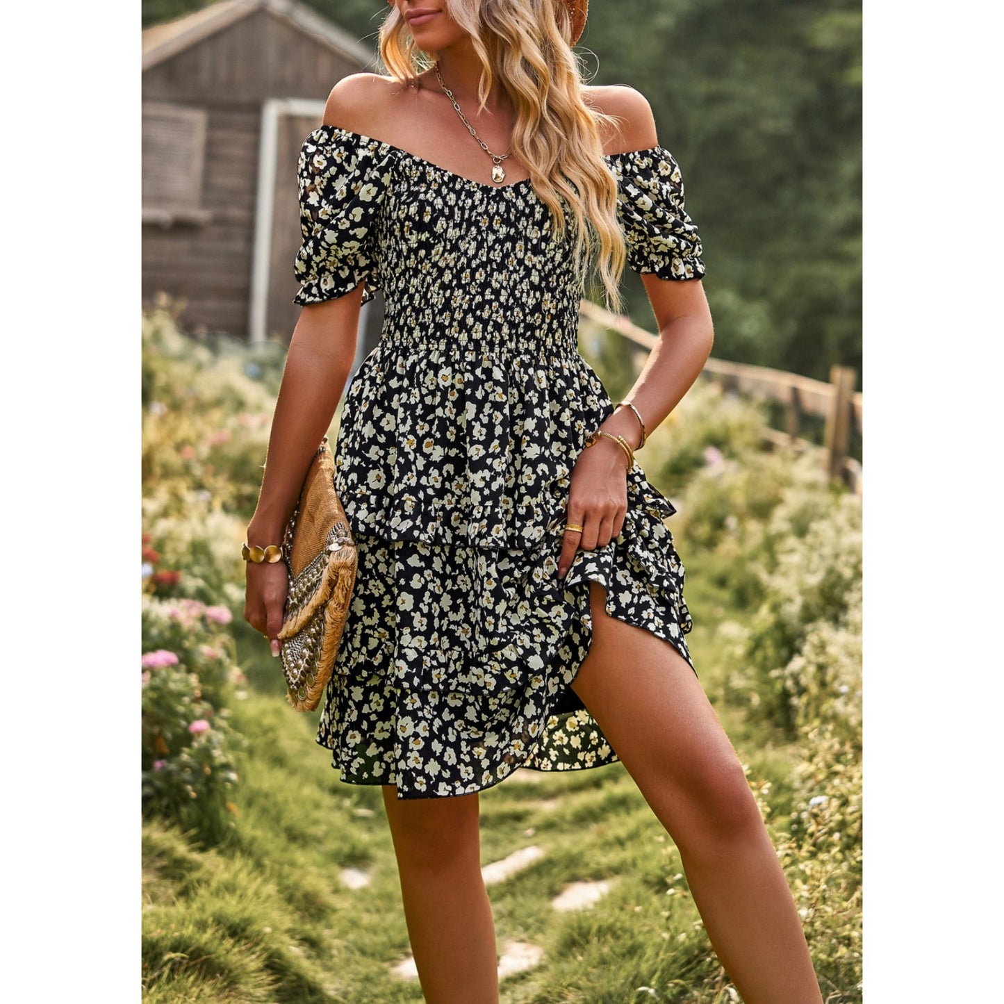 AICARE Summer Casual Dresses for Women Floral Pattern Ruffle Short Sleeve A Line Flowy Mini Dress