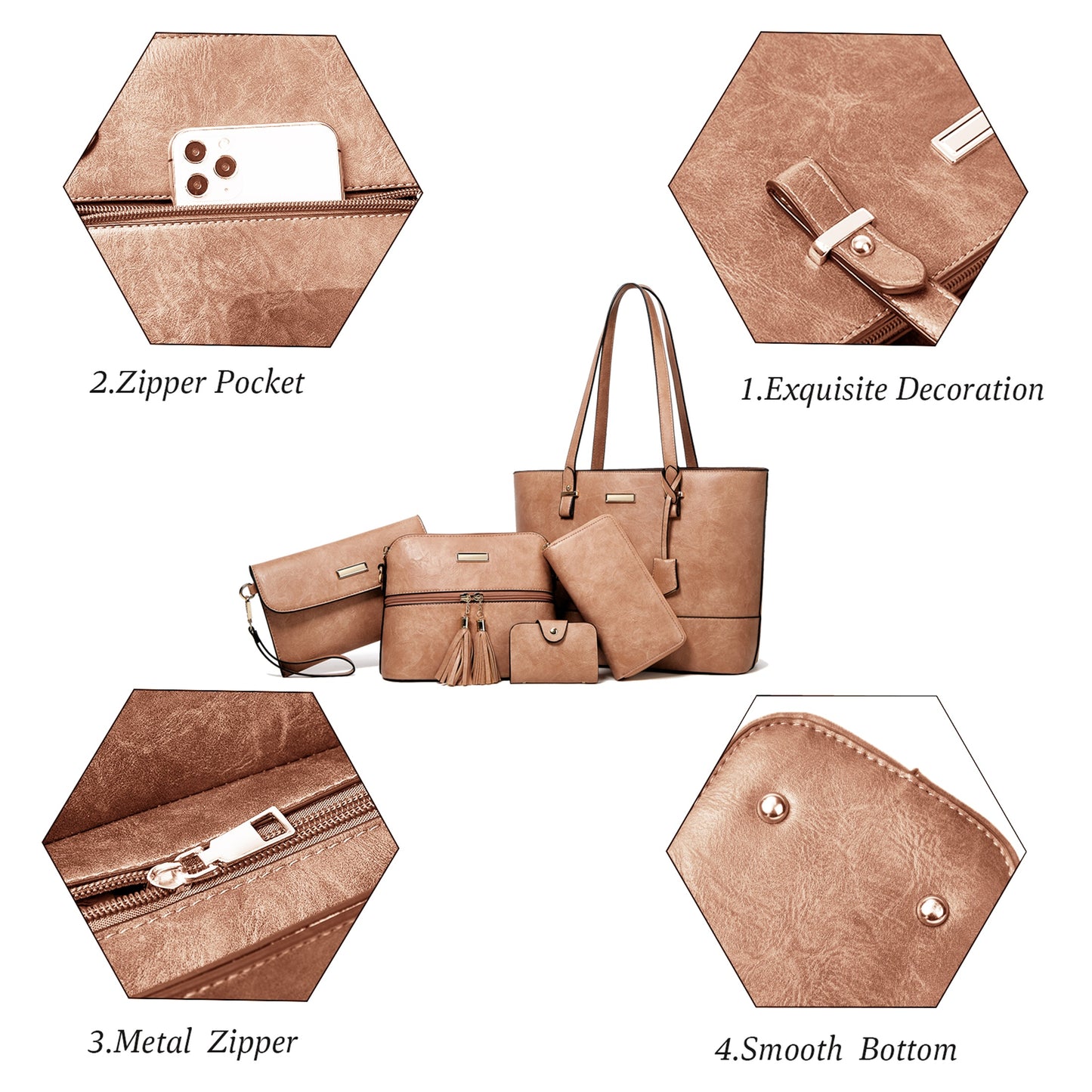 AICARE Purses for Women, 5 Piece Handbag Set with Satchel Tote Shoulder Bag and Wallet