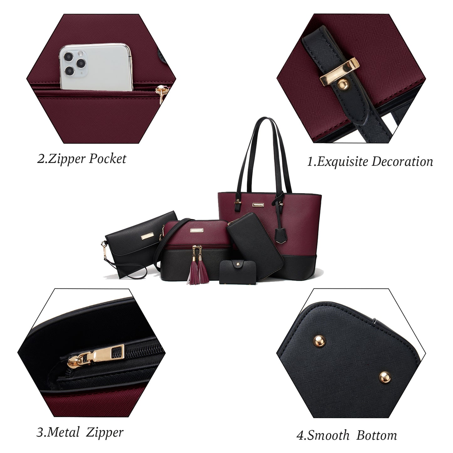 AICARE Purses for Women, 5 Piece Handbag Set with Satchel Tote Shoulder Bag and Wallet