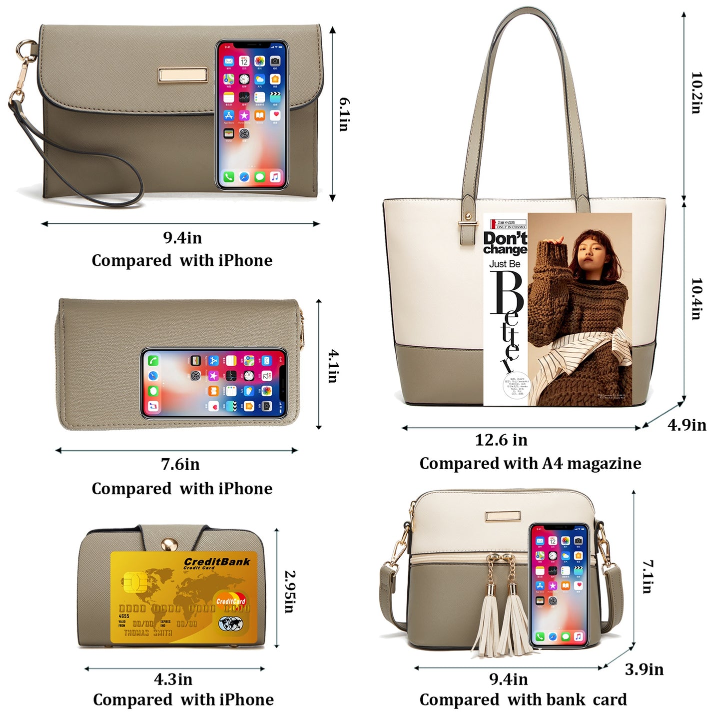 AICARE Purses for Women, 5 Piece Handbag Set with Satchel Tote Shoulder Bag and Wallet
