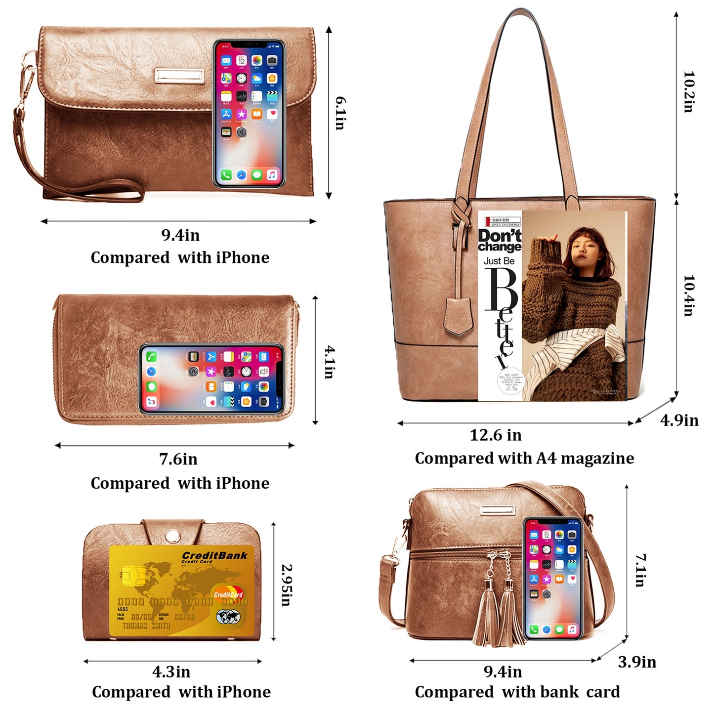 AICARE Purses for Women, 5 Piece Handbag Set with Satchel Tote Shoulder Bag and Wallet