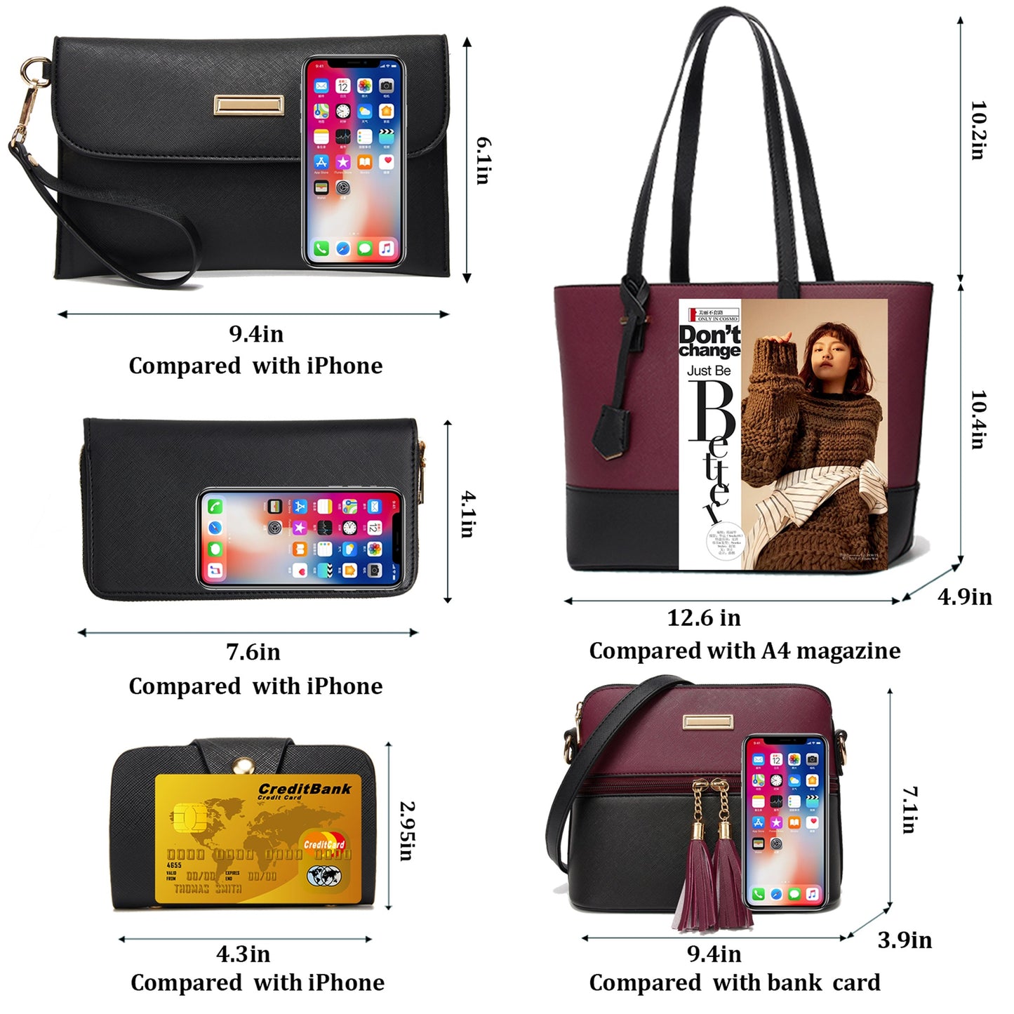 AICARE Purses for Women, 5 Piece Handbag Set with Satchel Tote Shoulder Bag and Wallet