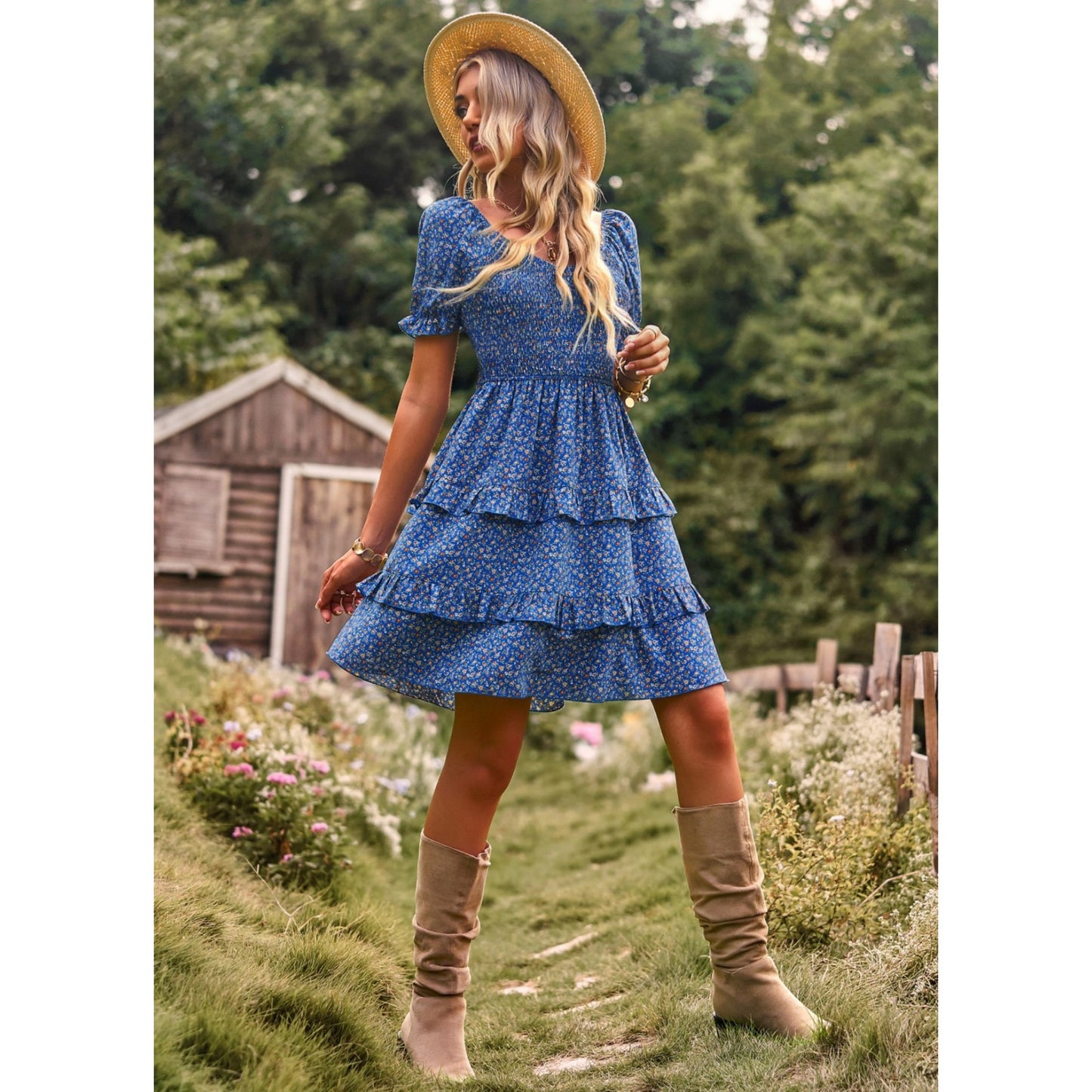 AICARE Summer Casual Dresses for Women Floral Pattern Ruffle Short Sleeve A Line Flowy Mini Dress