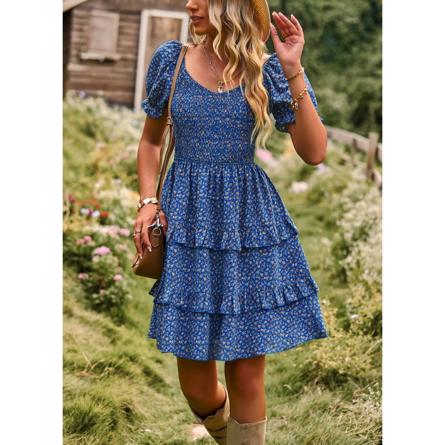 AICARE Summer Casual Dresses for Women Floral Pattern Ruffle Short Sleeve A Line Flowy Mini Dress