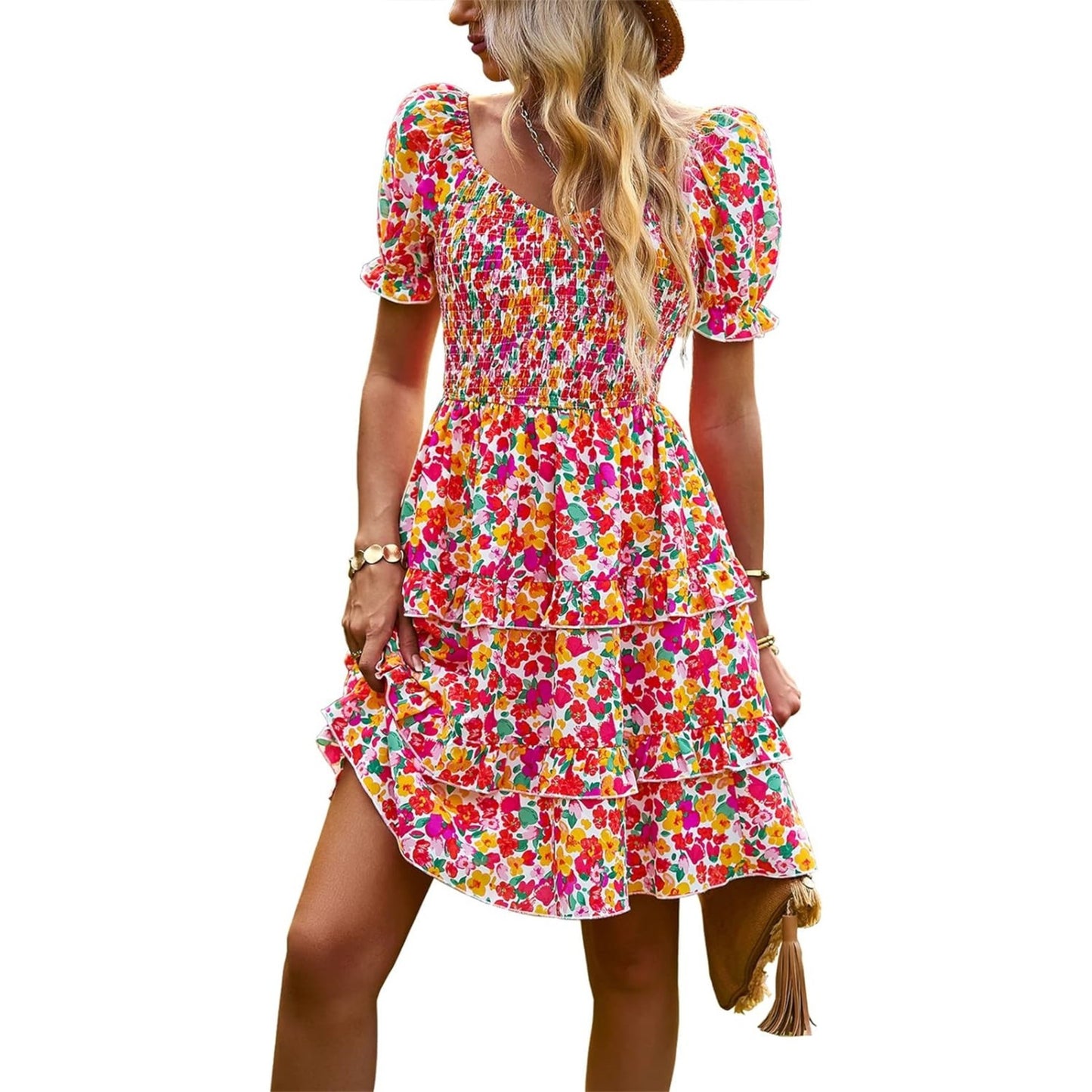 AICARE Summer Casual Dresses for Women Floral Pattern Ruffle Short Sleeve A Line Flowy Mini Dress