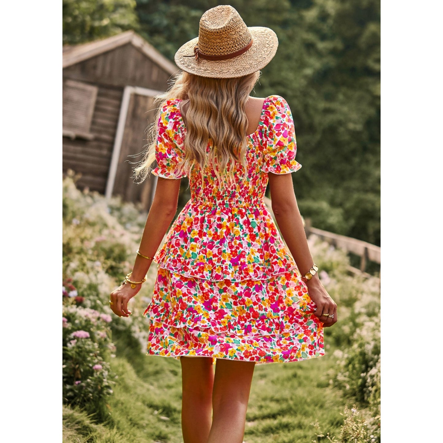 AICARE Summer Casual Dresses for Women Floral Pattern Ruffle Short Sleeve A Line Flowy Mini Dress