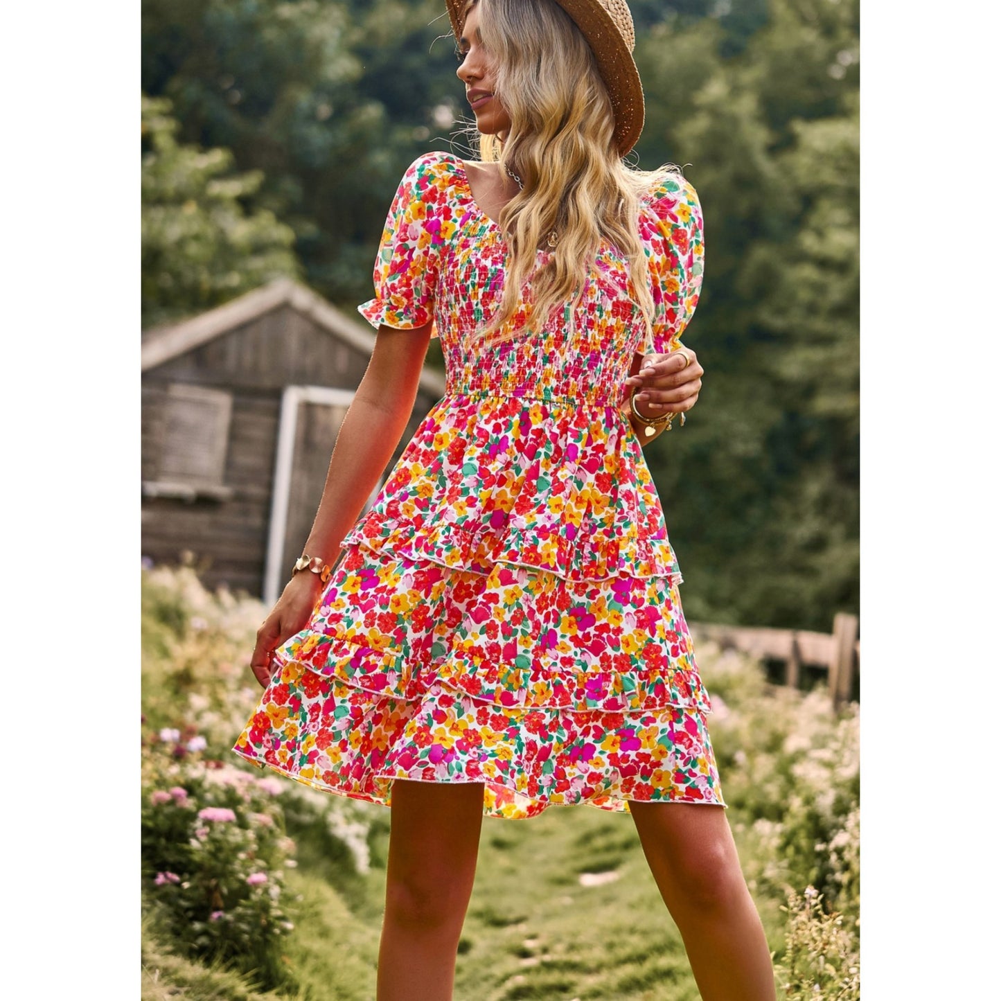 AICARE Summer Casual Dresses for Women Floral Pattern Ruffle Short Sleeve A Line Flowy Mini Dress