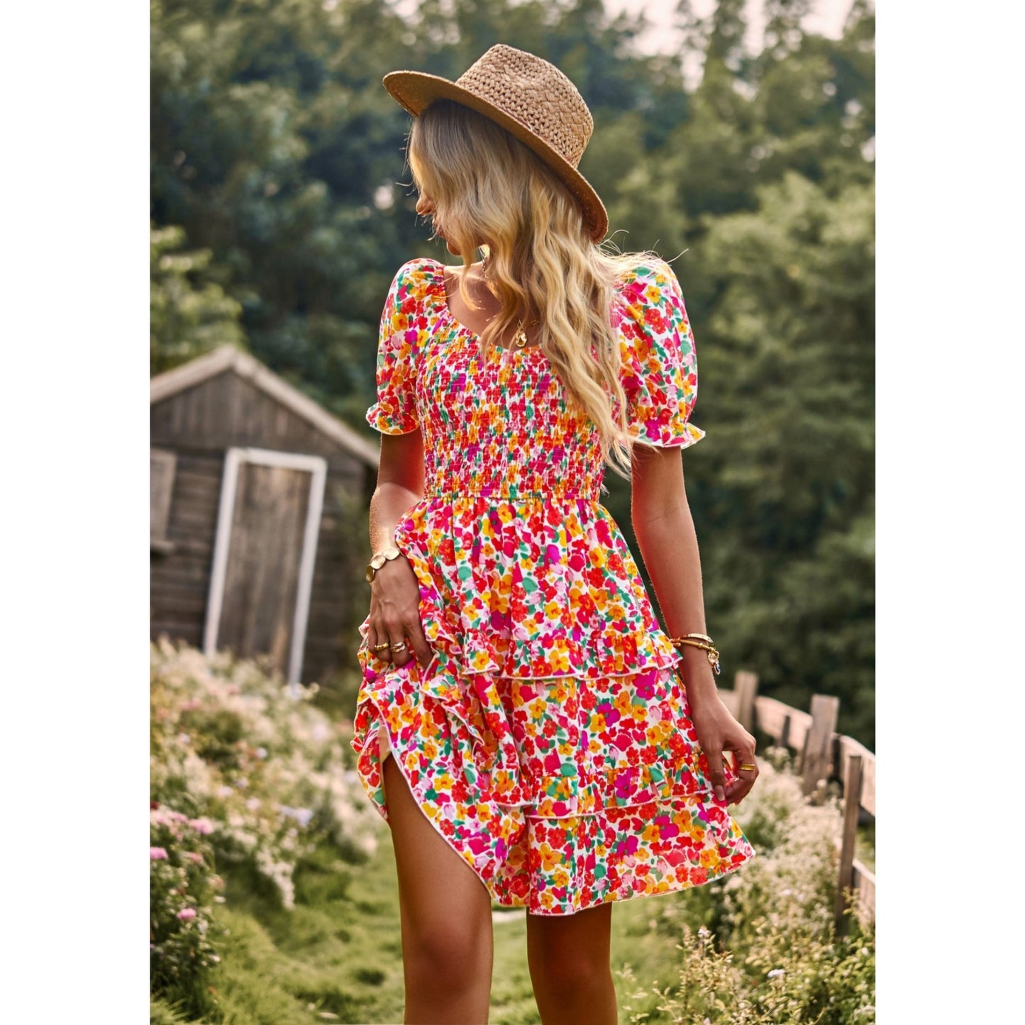 AICARE Summer Casual Dresses for Women Floral Pattern Ruffle Short Sleeve A Line Flowy Mini Dress