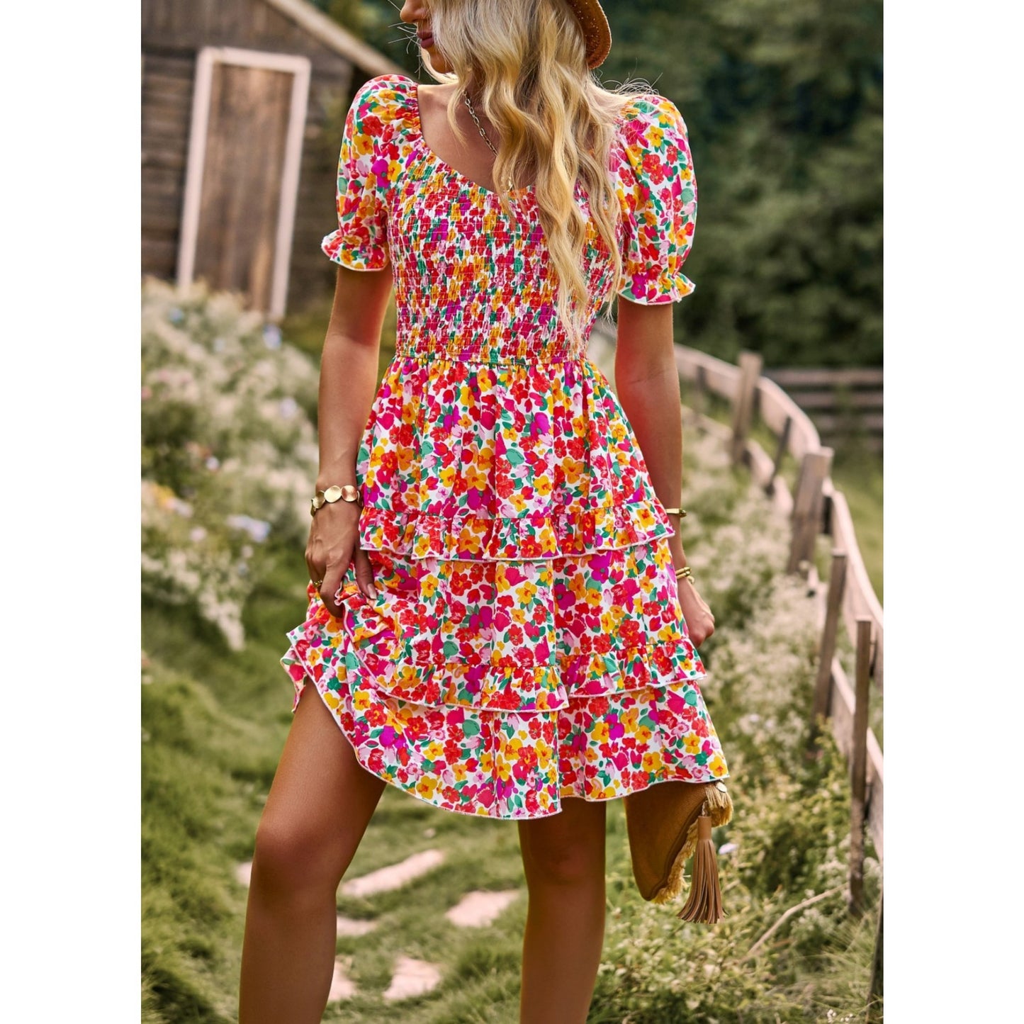 AICARE Summer Casual Dresses for Women Floral Pattern Ruffle Short Sleeve A Line Flowy Mini Dress
