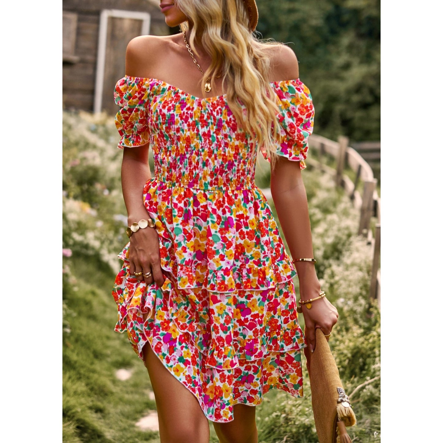 AICARE Summer Casual Dresses for Women Floral Pattern Ruffle Short Sleeve A Line Flowy Mini Dress