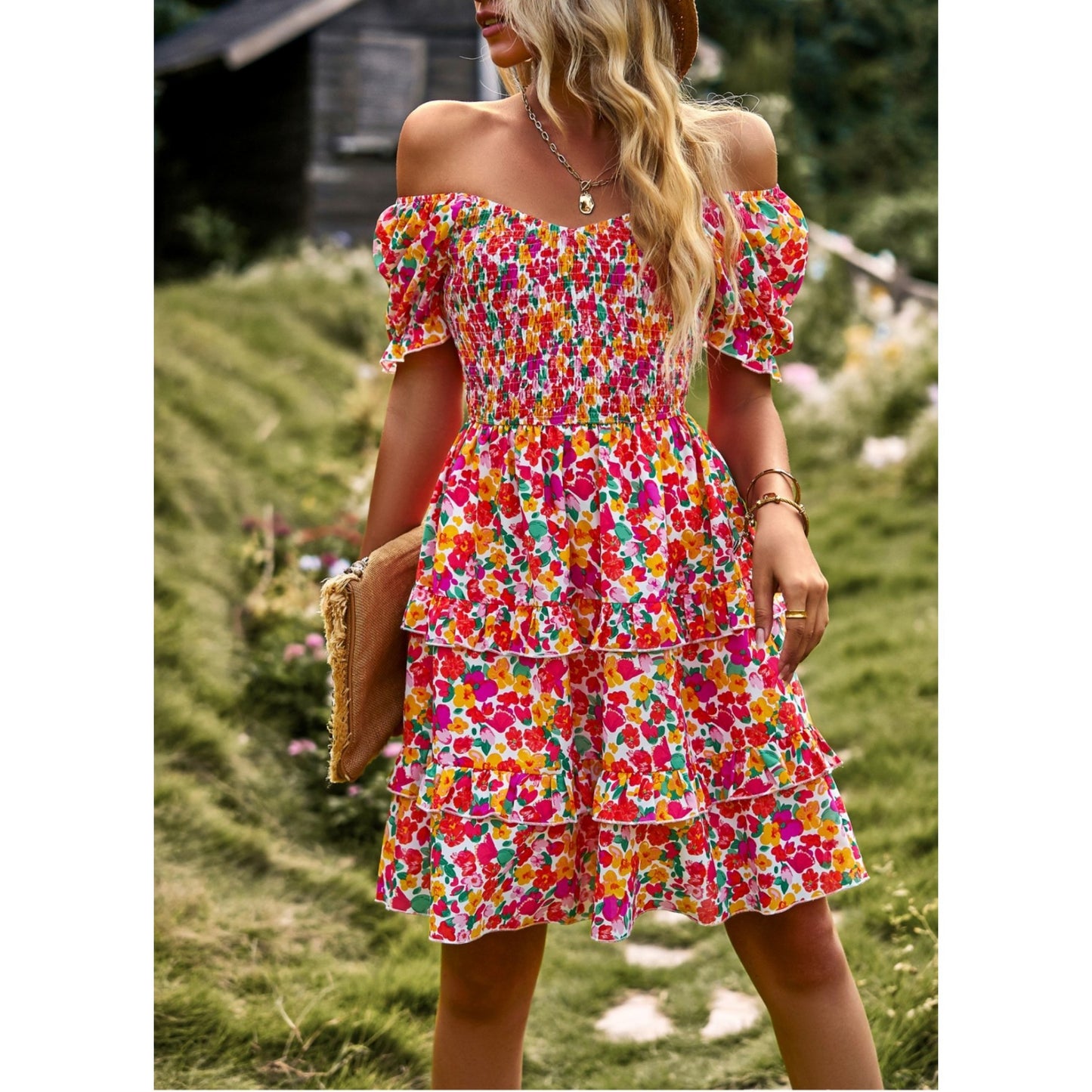 AICARE Summer Casual Dresses for Women Floral Pattern Ruffle Short Sleeve A Line Flowy Mini Dress