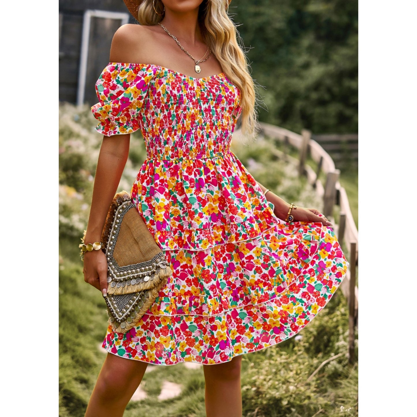 AICARE Summer Casual Dresses for Women Floral Pattern Ruffle Short Sleeve A Line Flowy Mini Dress
