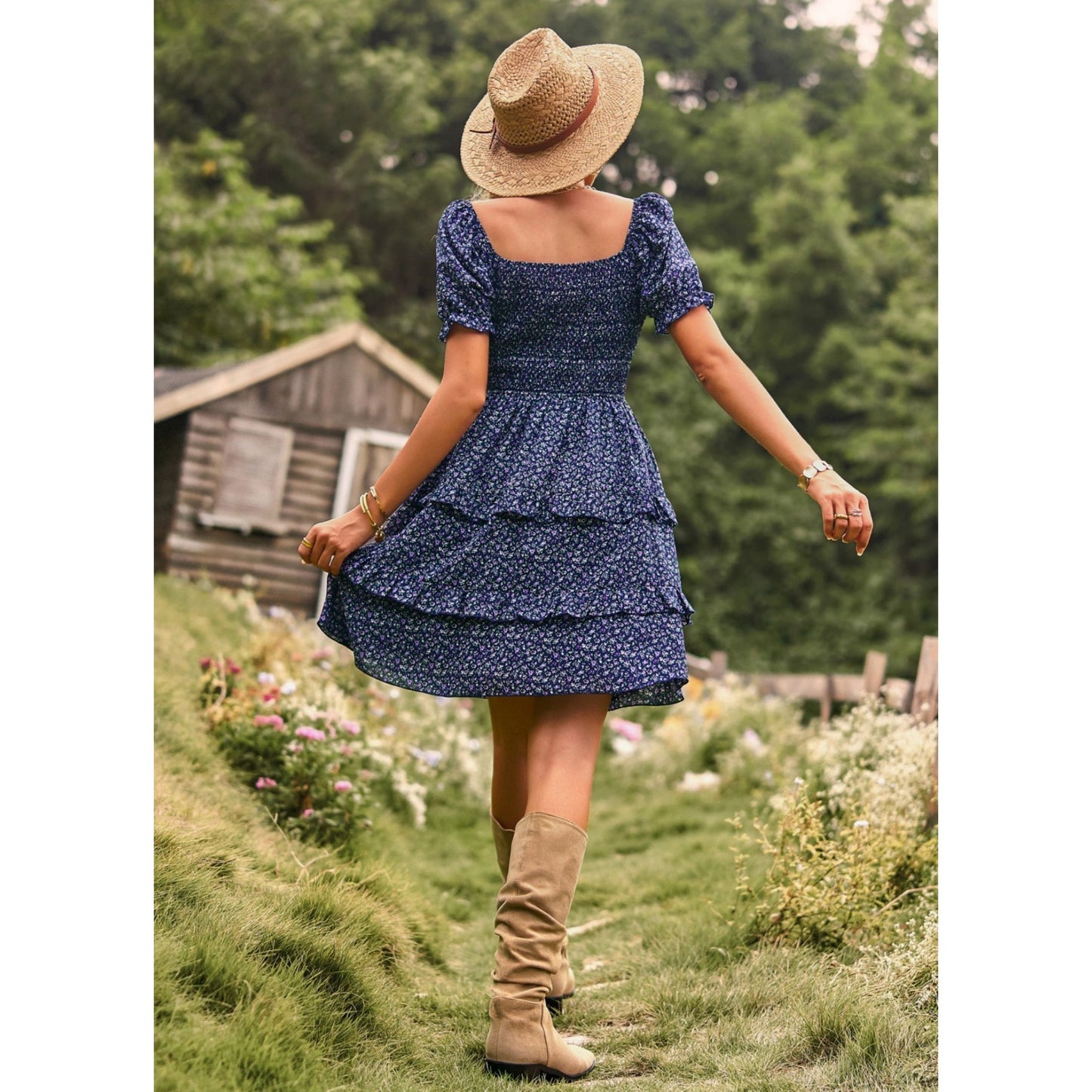 AICARE Summer Casual Dresses for Women Floral Pattern Ruffle Short Sleeve A Line Flowy Mini Dress