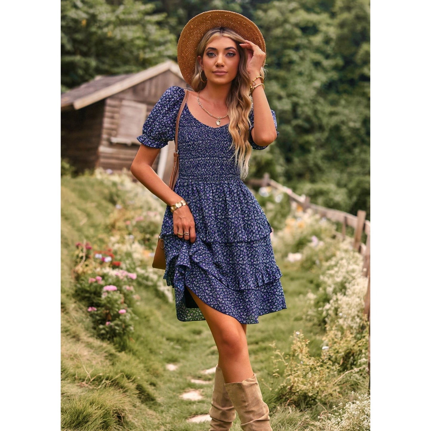 AICARE Summer Casual Dresses for Women Floral Pattern Ruffle Short Sleeve A Line Flowy Mini Dress