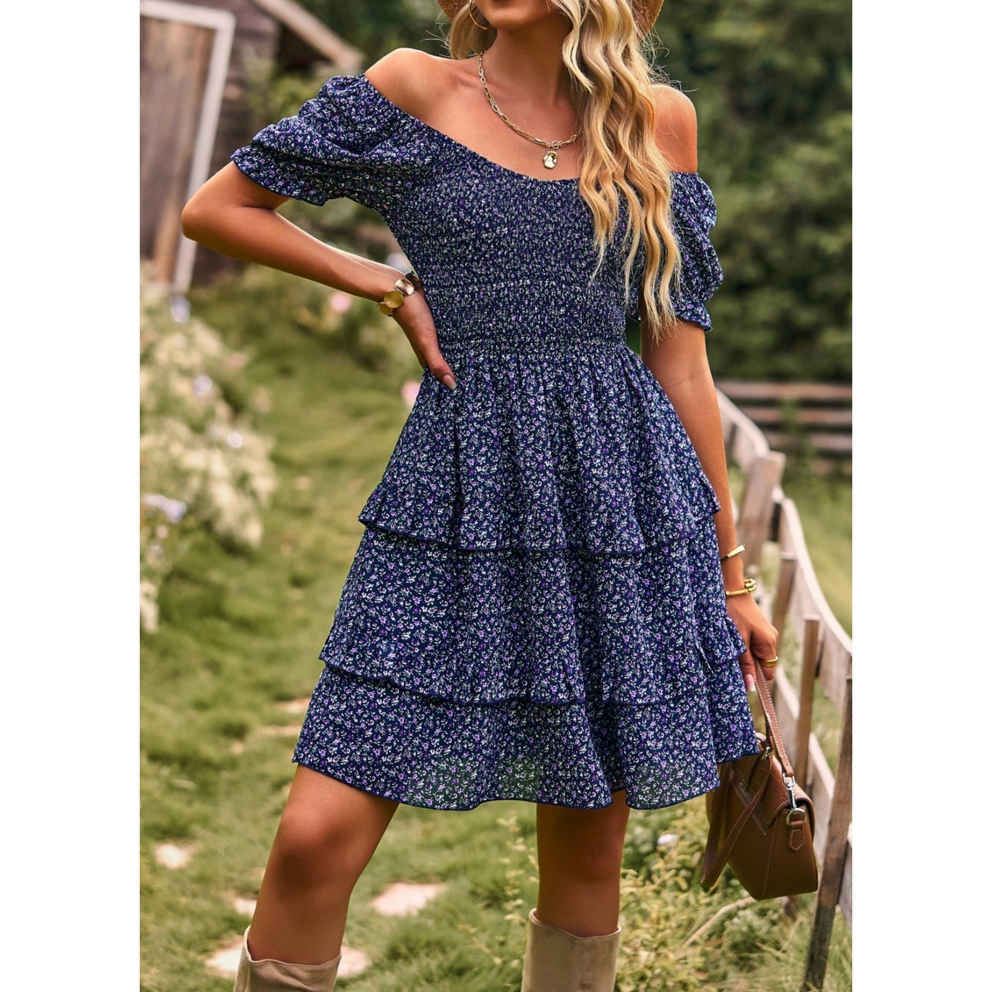 AICARE Summer Casual Dresses for Women Floral Pattern Ruffle Short Sleeve A Line Flowy Mini Dress