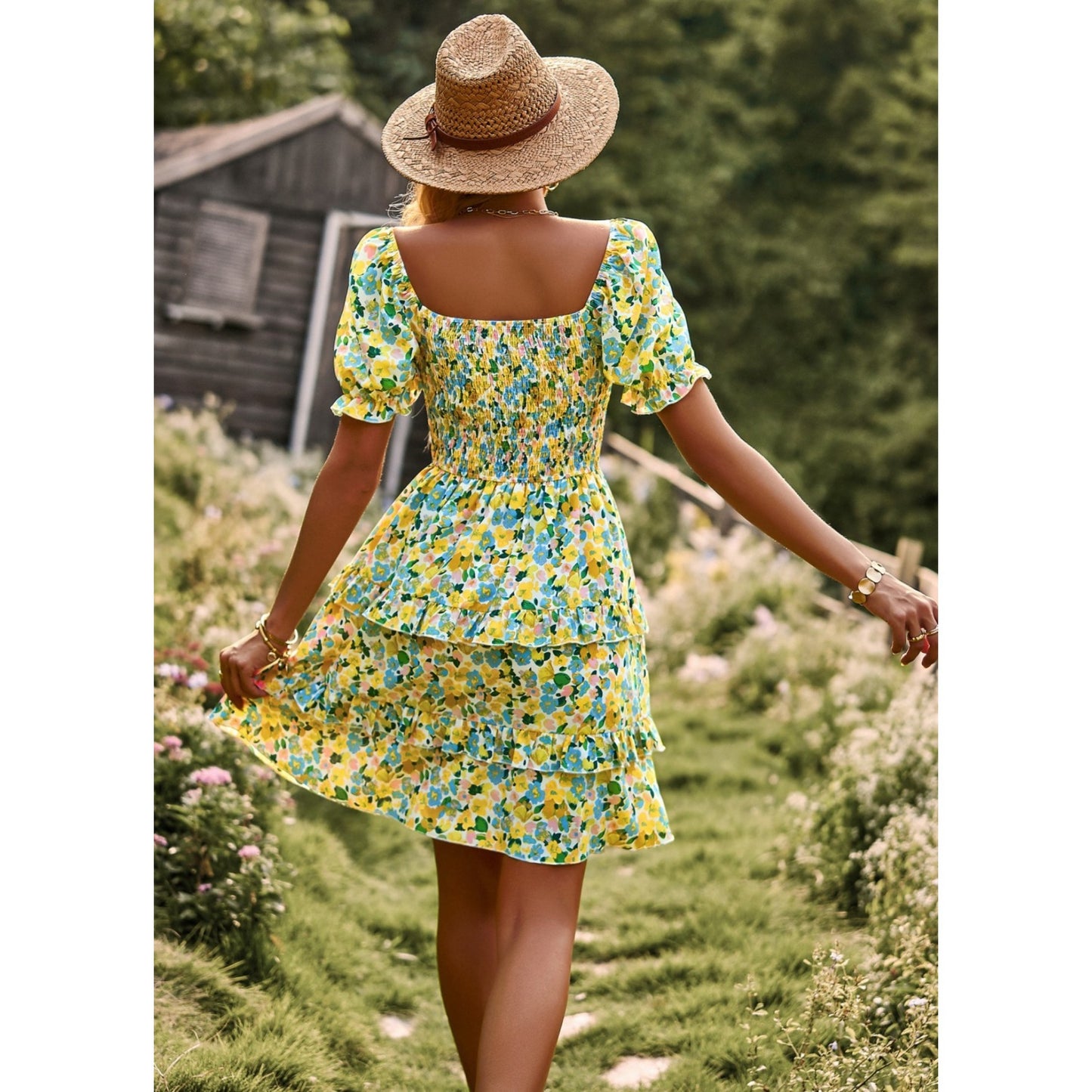 AICARE Summer Casual Dresses for Women Floral Pattern Ruffle Short Sleeve A Line Flowy Mini Dress