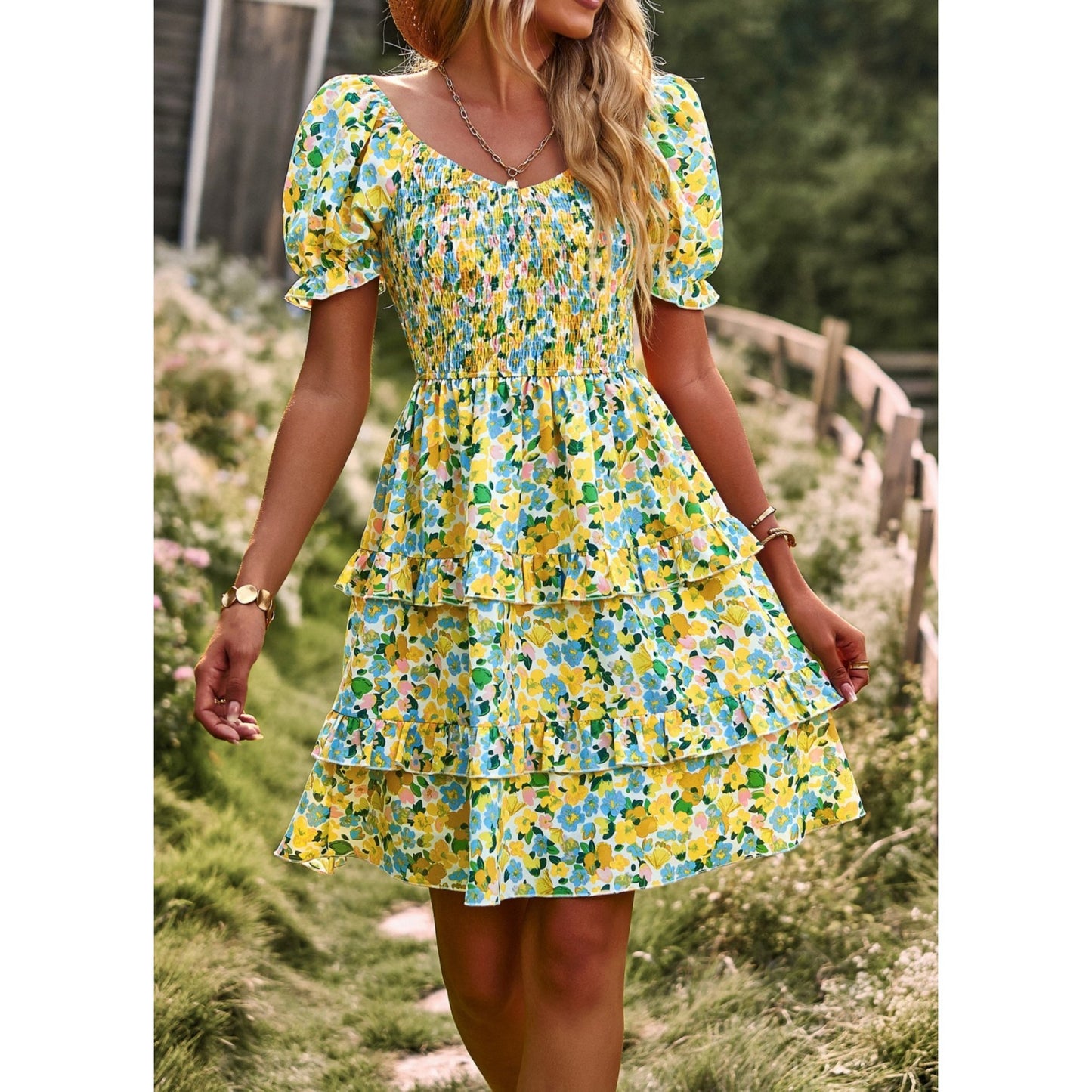 AICARE Summer Casual Dresses for Women Floral Pattern Ruffle Short Sleeve A Line Flowy Mini Dress