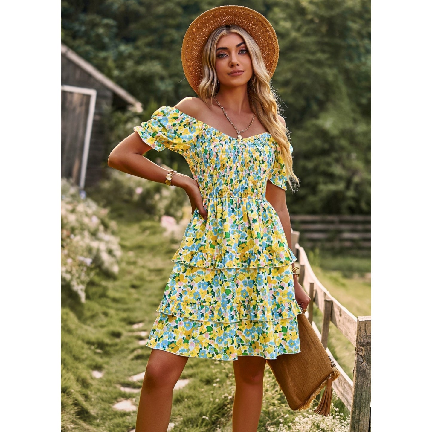 AICARE Summer Casual Dresses for Women Floral Pattern Ruffle Short Sleeve A Line Flowy Mini Dress