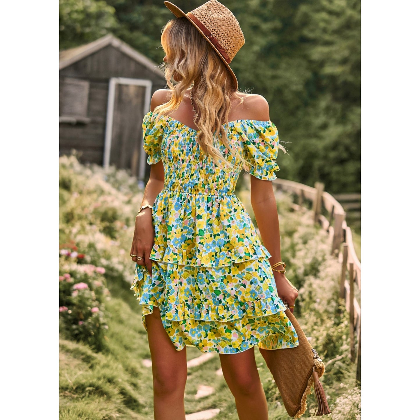 AICARE Summer Casual Dresses for Women Floral Pattern Ruffle Short Sleeve A Line Flowy Mini Dress