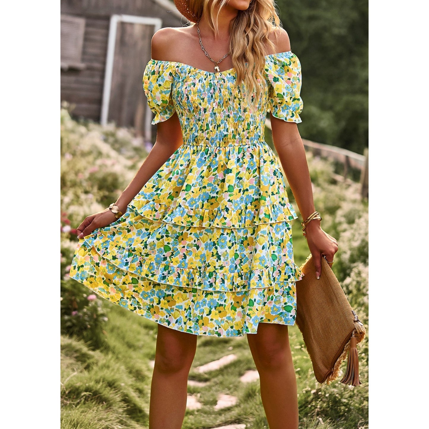 AICARE Summer Casual Dresses for Women Floral Pattern Ruffle Short Sleeve A Line Flowy Mini Dress