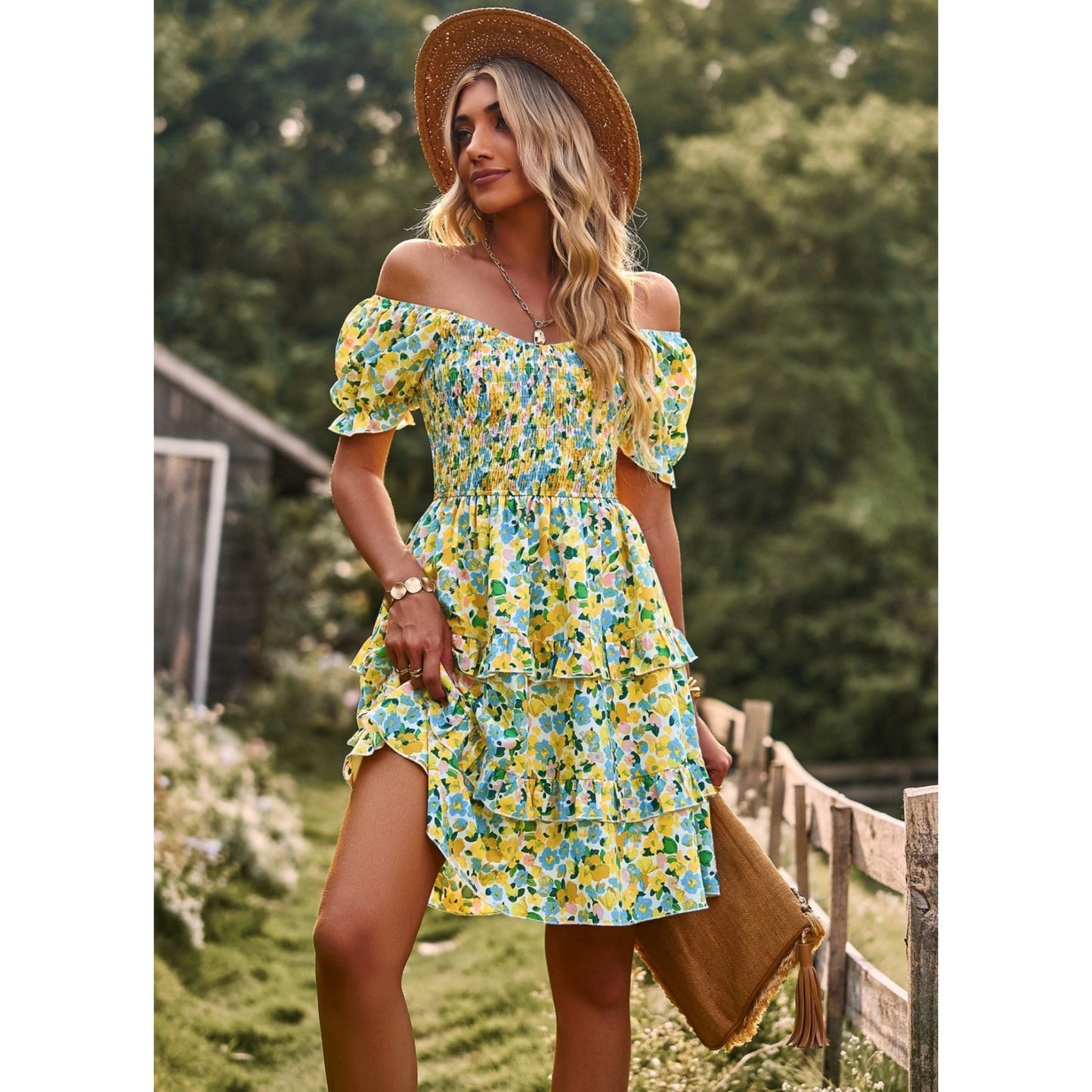 AICARE Summer Casual Dresses for Women Floral Pattern Ruffle Short Sleeve A Line Flowy Mini Dress